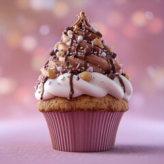 Delicious Chocolate Swirl Cupcake with Sprinkles and Bokeh Background Sweet Dessert Food Photography