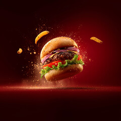 Dynamic Flying Burger with Potato Fries and Spice Splash on Dark Red Background High Quality Food Ad