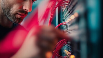 It technician connecting server cables and performing network maintenance in a data center, ensuring optimal system performance and digital security