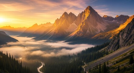 Majestic mountain range during sunrise, mist rolling through valleys, warm golden light, detailed natural landscape, serene and inspiring atmosphere
