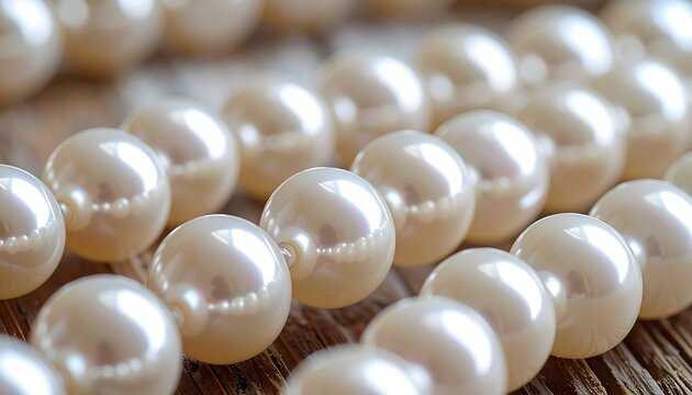 A close-up shot of a string of lustrous pearls on a rough wooden surface