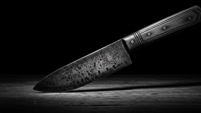 Dark, rustic kitchen knife with textured blade and wooden handle, sharply angled on a wooden surface