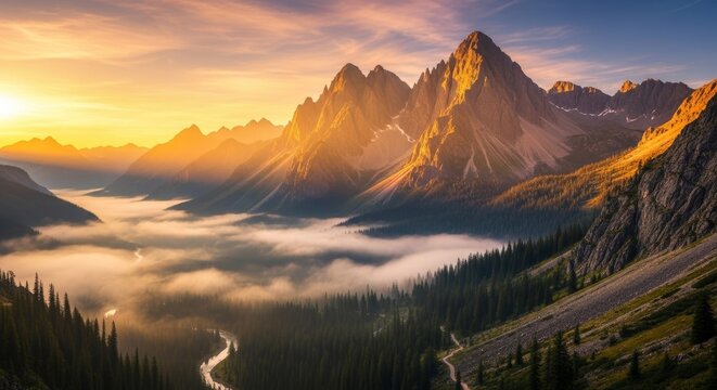 Majestic mountain range during sunrise, mist rolling through valleys, warm golden light, detailed natural landscape, serene and inspiring atmosphere