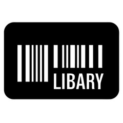 3d icon of black rectangle with a white barcode and the word library in white