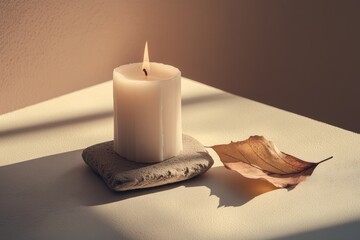 A bright candle is gracefully resting on a rock beside a leaf placed on a table