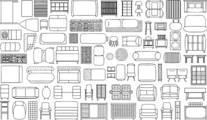 Modern furniture top view CAD drawing, vector floor plan elements, home interior layout symbols, architectural design illustration collection