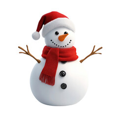 A cheerful snowman wearing a red santa hat and scarf isolated on transparent background