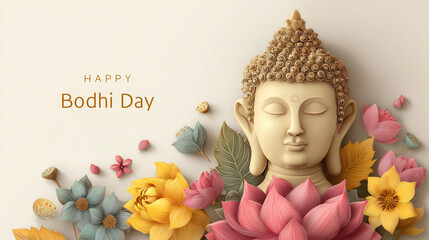 happy bodhi day, remembrance of the day that led to dim sumit in ancient india,golden lotus flowers and leaves on white background, wallpaper or web banner. buddha head portrait portrait with pastel c