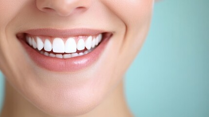 Obraz premium Bright smile of a happy woman against a soft blue background showcasing dental health and confidence