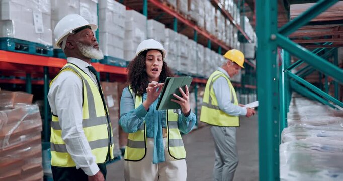 Logistics, tablet or team with inspection in warehouse for order accuracy, inventory update or export. Shipping manager, people and digital app for quality control, stock management and supply chain