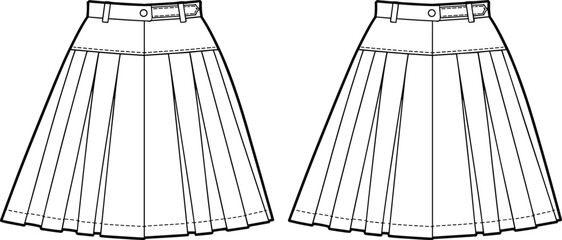 Cad drawing flat vector illustration of pleated skirt fashion design, technical apparel sketch template, front and back clothing view