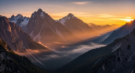 Majestic mountain range during sunrise, mist rolling through valleys, warm golden light, detailed natural landscape, serene and inspiring atmosphere