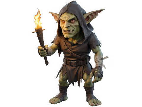Fantasy creature goblin holding burning torch illuminated dark dungeon adventure quest