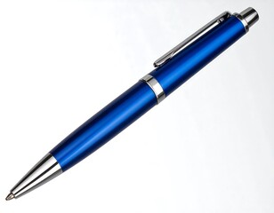 A close-up shot of a stylish blue ballpoint pen with silver accents