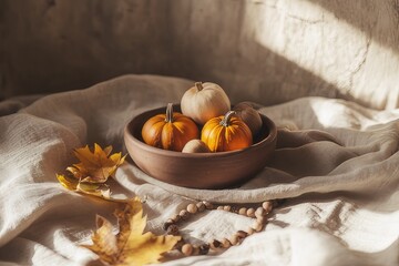 There is a bowl filled with pumpkins and colorful leaves on a table
