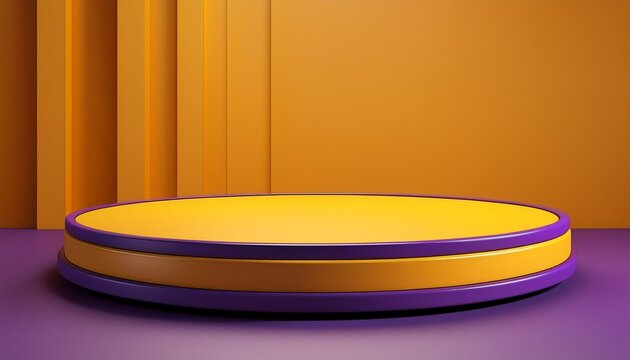 3d render abstract podium with yellow round stage and purple base on orange background