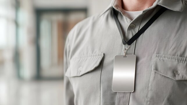 Employee wearing a blank identification badge hanging from a black lanyard over a grey shirt, representing concepts of security, business, event access, and corporate identification