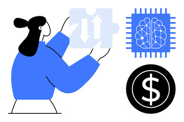 Naklejka na ściany i meble Woman holding puzzle piece with bidirectional arrows alongside AI brain chip and dollar sign. Ideal for problem-solving, technology, AI innovation, finance, decision-making, data analysis, simple Naklejka na ściany i meble Woman holding puzzle piece with bidirectional arrows alongside AI brain chip and dollar sign. Ideal for problem-solving, technology, AI innovation, finance, decision-making, data analysis, simple