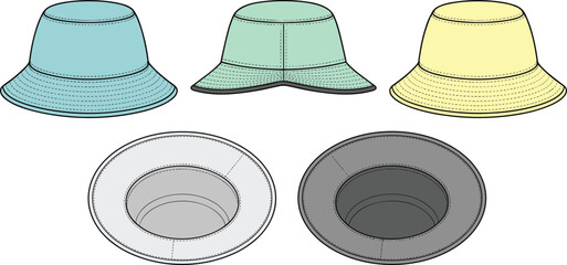 Cad drawing flat vector illustration of bucket hats in pastel colors, fashion accessory design template, technical sketch top view