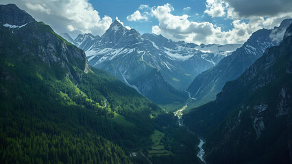 Majestic Alpine Valley with Snow-Capped Mountains and Pine Forests Under Dramatic Clouds