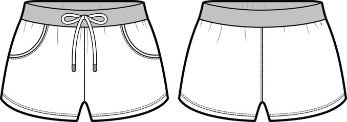 Women's shorts vector template, casual elastic waistband design with drawstring, front and back fashion flat illustration, apparel mockup