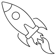 Naklejka premium 3d icon of stylized line drawing of a rocket ship in flight, angled upwards with fiery exhaust