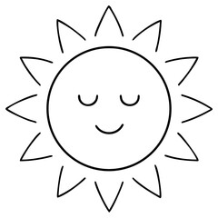 3d icon of a simple black and white line drawing of a smiling sun with closed eyes