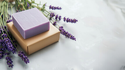 Lavender soap in craft paper and lavender sprigs on a white, marbled background with copy space. Concept for advertising a product or useful gift.