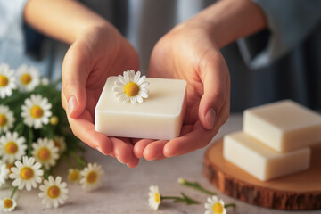 Natural chamomile soap with fresh daisies in a woman's hands. Concept for advertising a product or a useful handmade gift.