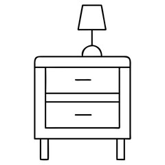 3d icon of simple line drawing of a bedside table with two drawers and a lamp on top