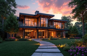 Fototapeta premium Modern house exterior view during twilight. Contemporary design building with large windows is illuminated. Beautiful luxury home with garden and path to entrance at sunset. Real estate concept image.
