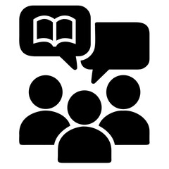 3d icon of black icon representing a group of three people with speech bubbles, one containing an open book, symbolizing discussion or learning