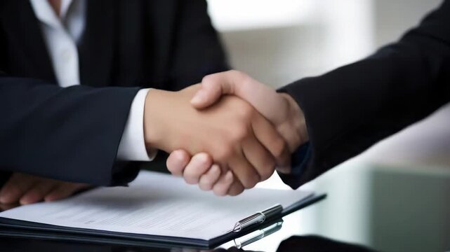 Business professionals engage in handshake to finalize agreement in office setting during daytime meeting