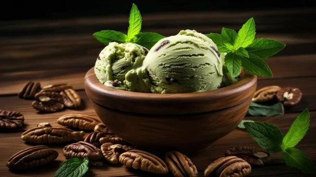 Mint chocolate chip ice cream served in a bowl with pecans and fresh mint leaves on a rustic wooden table