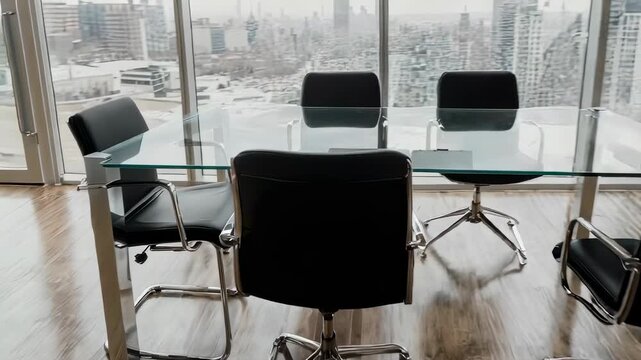 Empty modern office meeting room with chairs and table by large window overlooking city view