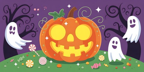 Vibrant Halloween background with a glowing jack-o'-lantern pumpkin, cute spooky ghosts, festive candy, and gnarled trees under a dark night sky. Ideal for holiday design, seasonal pattern, trick-o