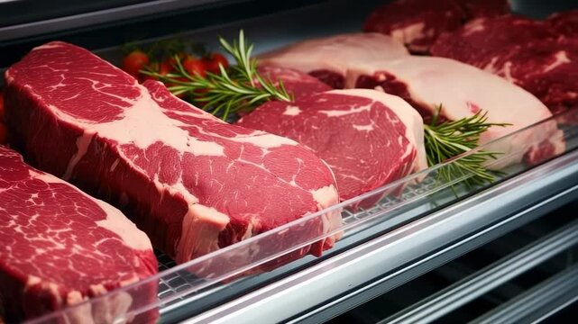 Quality cuts of beef presented in a butcher shop with fresh herbs and vegetables around for a farmhouse feel