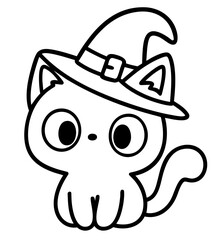 Witch Cat with Hat , Black Kitten Wearing Pointed Hat, Cute Magical Halloween Pet, Cartoon Familiar Sitting Calmly and Watching