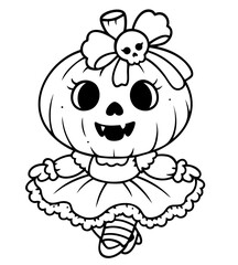 Pumpkin Head Doll Girl, Creepy Ballerina with Jack O’Lantern Face, Ribbon Bow, and Skull Hairpin, Halloween Character in Dress and Striped Tights