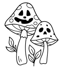 Halloween Mushrooms with Faces — Spooky Forest Toadstools with Pumpkin Expressions, Creepy Plants Growing in Dark Woods with Jack O’Lantern Smile