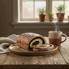 Delicious chocolate swirl cake roll with coffee on a wooden table