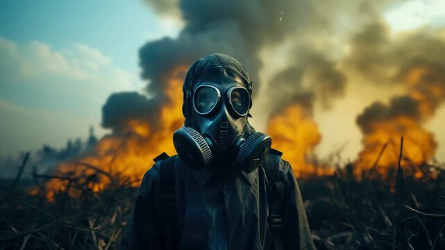 Survivor in a wasteland with smoke and fire in the background