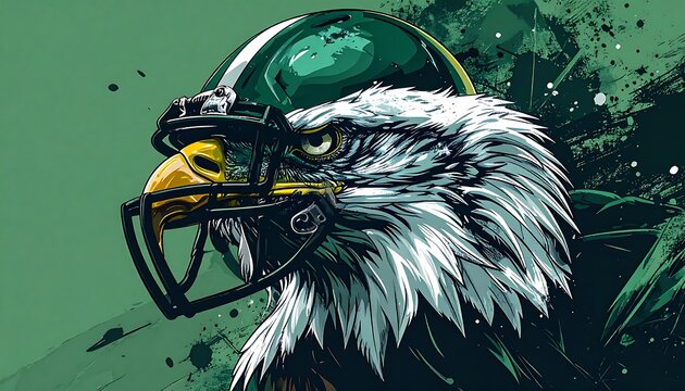 A close-up illustration of an eagle's head, wearing a football helmet, against a green background - Powered by Adobe