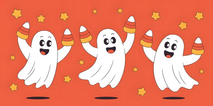 Cute Halloween ghosts, candy corn, orange background with stars, festive spooky fun, autumn holiday design, children's party, trick or treat, adorable characters, cheerful celebration, playful spoo