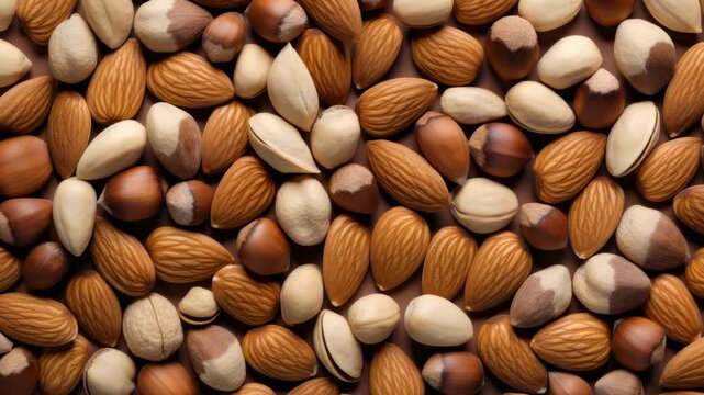 Healthy snack ideas with a variety of nuts in a colorful assortment on a wooden surface