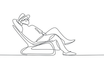 Relaxing Line Art: Person Lounging in Chair with Hat and Sunglasses on Transparent Backdrop