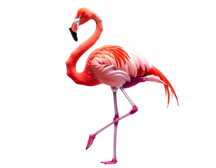 Vibrant flamingo stands tall against a stark black background