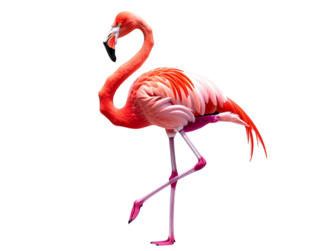 Vibrant flamingo stands tall against a stark black background