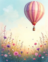 Obraz premium Hot air balloon floats above flower field during sunrise. Pastel colors paint sky and meadow. Delicate shadows and light create peaceful dawn atmosphere.