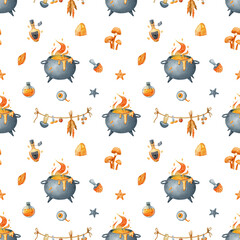 Cute Magic Cauldron Seamless Pattern. Watercolor print with potions, crystals, fly agaric, stars, and dried herbs on white. Whimsical background for textile and craft